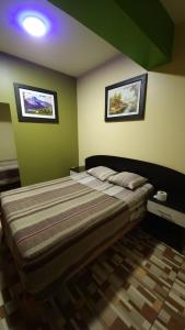 塔克纳Hostal Nochero's的卧室配有一张床,墙上挂有两张照片