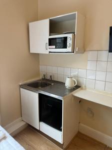 伦敦安瓦尔旅馆的一间带水槽和微波炉的小厨房