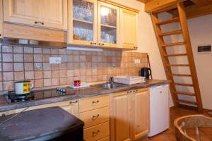 特伦塔Cottages Kravanja的厨房配有木制橱柜、水槽和梯子