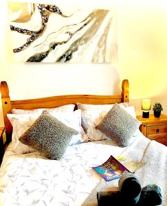 曼彻斯特3 BDR House ,Free Parking ,Netflix ,WiFi, Near City Centre and Stockport的一张带两个枕头的床和墙上的绘画