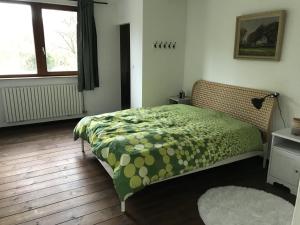 AbeicheCharmante villa des années 30的一间卧室配有一张带绿色棉被的床