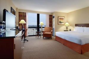 罗斯芒特芝加哥奥黑尔机场希尔顿酒店的酒店客房设有一张大床和一台电视。