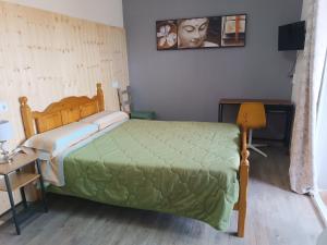 帕尔马诺瓦Hostal Bélgica的一间卧室配有一张带绿色棉被的床