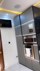 弗里敦Bash luxury apartments的厨房配有冰箱和微波炉。