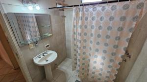 亚松森SOCRA Centro的一间带水槽和淋浴帘的浴室