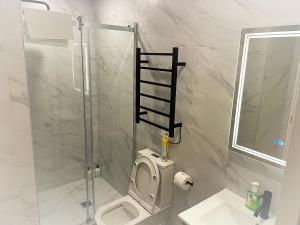 奥克兰布什假期住宿公寓的一间带卫生间和玻璃淋浴间的浴室
