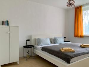 柏林威尔玛之家酒店的白色卧室配有一张大床和吊灯