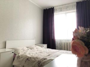 乌拉尔斯克Уютные апартаменты рядом с Ситицентром的一间卧室设有一张床和一个窗口