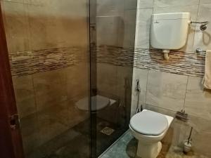 特立尼达岛Casita céntrica的一间带卫生间和玻璃淋浴间的浴室