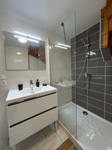 Spacieux duplex à Folschviller的带淋浴、盥洗盆和镜子的浴室