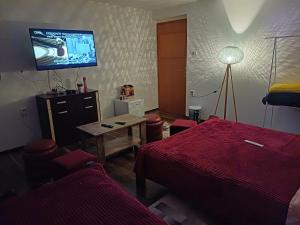 萨拉热窝Himber Rooms的酒店客房设有一张床和墙上的电视