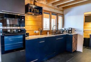 Le MélézetRésidence Pramouton - Chalets pour 16 Personnes 401的厨房配有蓝色橱柜和炉灶烤箱。
