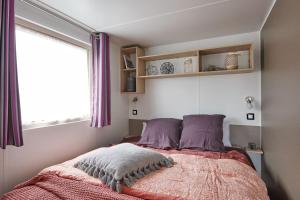 HenxelCamping het Wieskamp的一间卧室配有一张带紫色枕头的床和窗户。