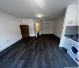 都柏林BELMAYNE APARTMENTS的一间空房间,设有厨房和硬木地板