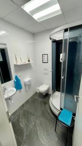 阿克雷里哈纳斯特拉蒂旅舍的带淋浴、卫生间和盥洗盆的浴室