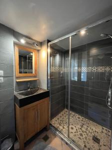 谢夫勒斯谢夫勒斯度假屋的一间带玻璃淋浴和水槽的浴室