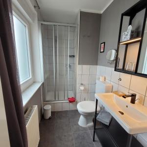 施托尔贝格达门旅馆的带淋浴、卫生间和盥洗盆的浴室