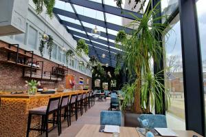 阿姆斯特丹Chassé Hotel Residency的餐厅设有长长的酒吧,配有椅子和植物