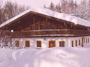 瓦尔德明兴Holiday guesthouse Posthof的一座大木屋,屋顶上积雪