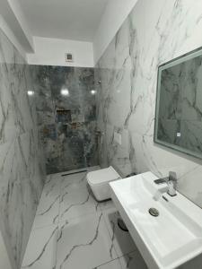 地拉那Hotel Kaloshi的白色的浴室设有水槽和卫生间。