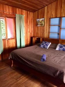 蒙泰韦尔德哥斯达黎加Manakin Lodge, Monteverde的木制客房内的一间卧室,配有一张床
