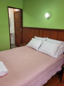 Chavín de HuantarHotel Restaurante Minas Cocha的一张带白色枕头和绿色墙壁的床