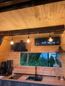 巴统A-Frame Rest-Art的厨房设有木墙和带灯的天花板。