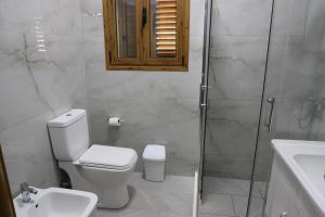 培拉特Vila Malasi的浴室配有卫生间、淋浴和盥洗盆。