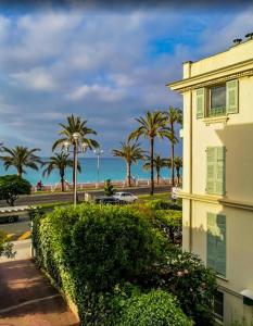 尼斯蓝色浪花酒店的享有大海和棕榈树景致的建筑