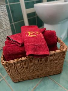恩波利The Loft E&E Blue Sky的浴室里装满红色毛巾的篮子
