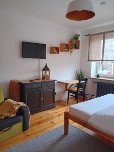 奥格雷Daugavas apartamenti的一间卧室配有一张床和一张书桌及电视