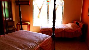 贝尔莫潘香蕉河岸旅馆&丛林骑马冒险园的一间卧室设有四柱床和窗户。