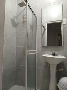 巴兰基亚Hostel Mamy Dorme的浴室配有盥洗盆和带镜子的淋浴