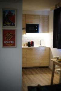 扎芬特姆Arku apartments Brussels Airport的一个带木制橱柜和水槽的厨房