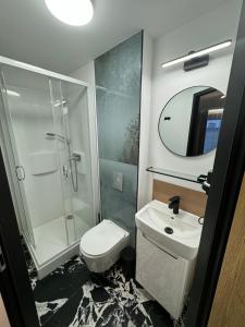 库瑞尼卡慕斯卡Cicha4 Apartments的一间带水槽、卫生间和镜子的浴室