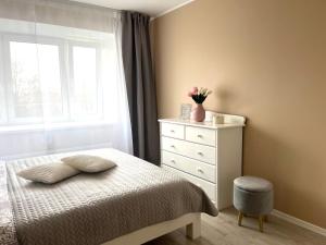 派尔努Pärnu Beach Apartment的一间卧室配有一张床、一个梳妆台和一扇窗户。