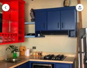 圣弗朗西斯科德马科里斯Rooftop Paradise的厨房配有红色和蓝色的橱柜和水槽