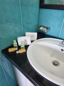 科斯戈德Darshana Beach Hotel的浴室水槽和柜台上的2瓶肥皂