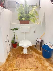 阿姆波尔Villas in Wellness Centre with Sauna的浴室配有卫生间和墙上的植物