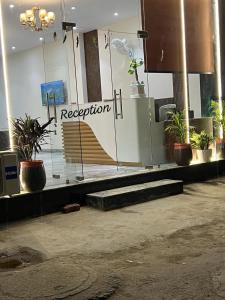 新德里HOTEL IVORY INN NEW DELHI At IGI AIRPORT的建筑中带有盆栽植物的接待区