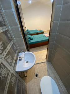 Qaryat ash Shamālīشاليه للايجار اليومي بالريف الاوروبي的一间带水槽和卫生间的浴室以及一张床