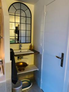 卡里雷斯索珀斯Maisonnette cosy bord de Seine 30min paris的一间带水槽和镜子的浴室