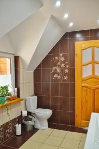 图霍拉Agroturystyka w Świcie的一间带卫生间的浴室和棕色瓷砖墙