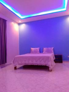 姆布尔Villa Fama的一间卧室配有一张紫色天花板的床