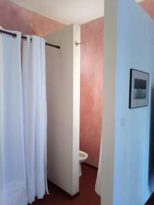 明德卢Casa Azul的浴室配有白色的浴帘和卫生间