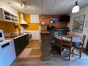 Marignygîtes des planchettes的厨房配有绿色橱柜、桌子和用餐室。
