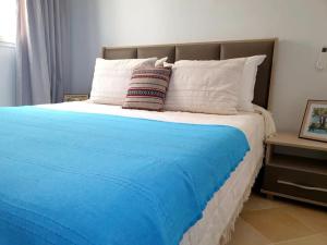 哈马马特Maison LIANE familiale au calme的一张带蓝色毯子和白色枕头的大床