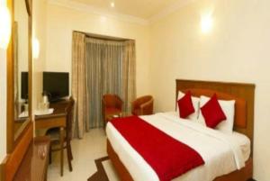 瓦拉纳西Hotel New Ashiyana Palace Varanasi - Fully-Air-Conditioned hotel at prime location With Wifi , Near-Kashi-Vishwanath-Temple, and-Ganga-ghat - Best Hotel in Varanasi的一间卧室配有一张床、一张书桌和一台电视