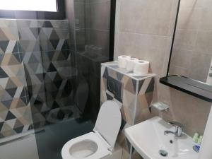 BrdoVila Plava Zlatar的浴室配有卫生间、盥洗盆和淋浴。