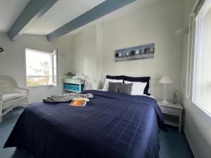 圣马丹德雷Villa de la Cible的一间卧室设有蓝色的床和窗户。